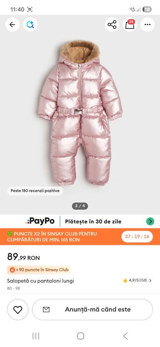 Salopeta îmblanita Sinsay 98 cm, stare foarte bună, defect  închidere cordon