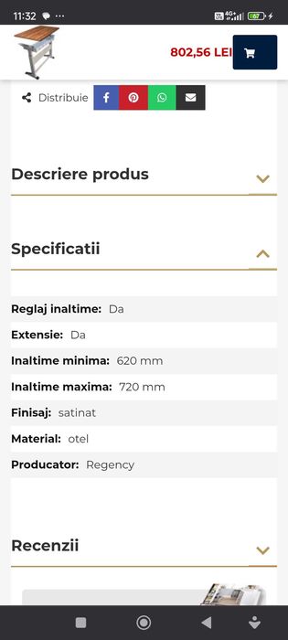 Picior birou Jensen extensibil cu reglaj pe inaltime H620-720, satinat