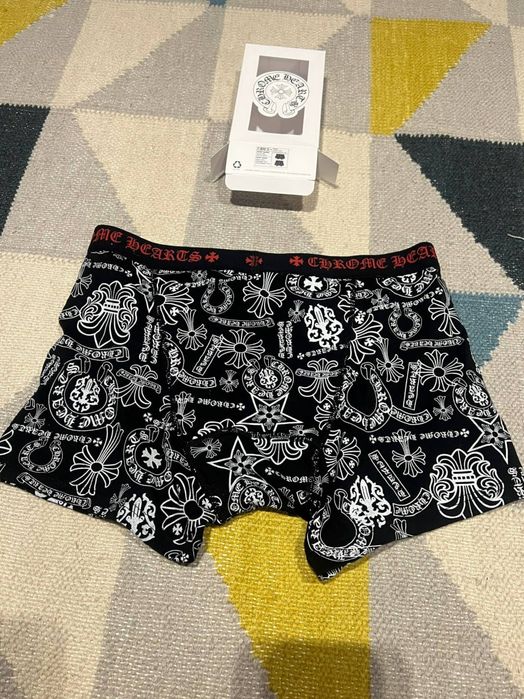 Boxeri Chrome Hearts negri cu print alb all-over, mărimea M, noi în cutie