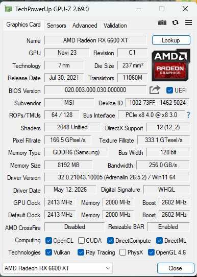 Видео карта MSI Radeon RX6600XT 8Gb GDDR6