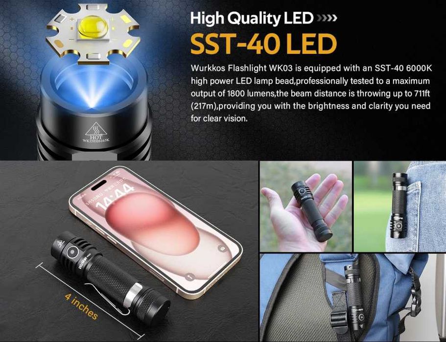 Високомощен Тактически Фенер Sofirn SC18 EDC Wurkkos WK03 1800LM Luminus SST40 LED IP68 18650 ATR TIR Оптика 90° Лъч 55грама 6061 Арокосмически Клас