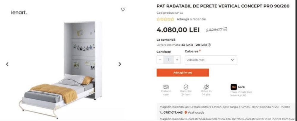 Pat rabatabil pe perete + saltea ikea