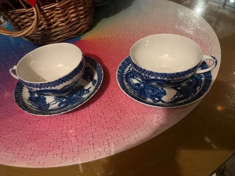 Set 2 cesti portelan Dragons Blue Japan pentru ceai cafea, cu farfurie