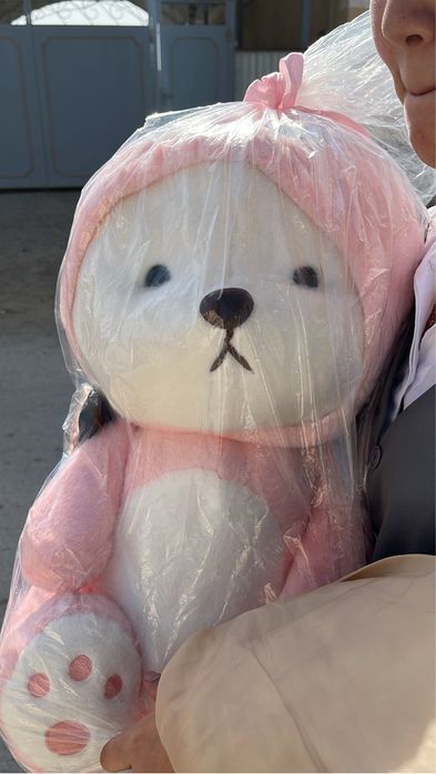 Розывый мишка с капишоном