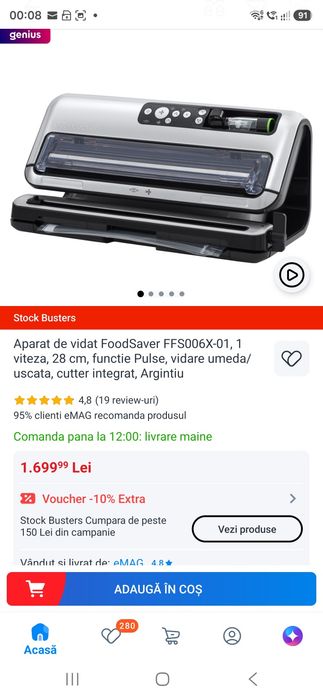 Aparat de vidat FoodSaver FFS006X-01, 1 viteza, 28 cm, functie Pulse, vidare umeda/uscata, cutter integrat, Argintiu