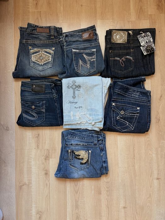 Lot 7  perechi blugi Y2K Vintage Low Rise ( Silver, Cowgirl Tuff Rock&Roll etc) Tribal Embroidery