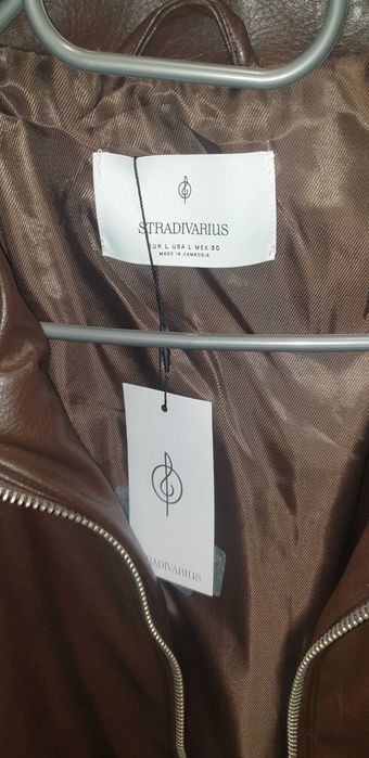 Geaca din piele Stradivarius, oversize, Noua, Eticheta, Maro