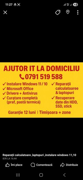 Instalare windows 11,10 office drivere jocuri programe antivirus reparații  la domiciliu  Windows 10/11 cu licență Timișoara +ajutor it online
