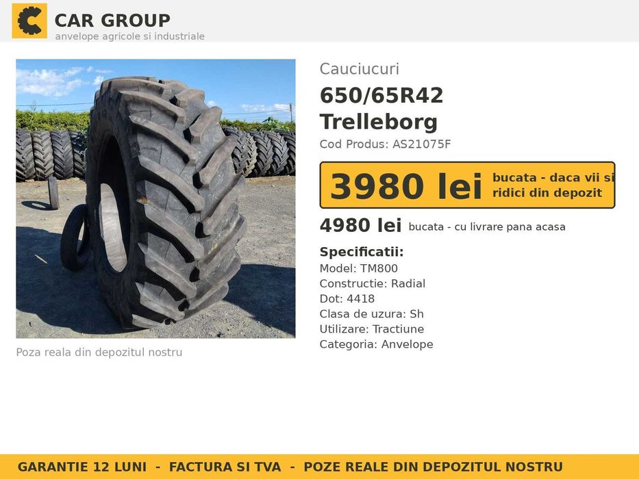 Cauciucuri Anvelope 650/65R42 650/65 R42 650 65 R42 6506542 Trelleborg Tractor Punte Spate Tractiune SH Second Hand STOC REAL Garantie 1 An Pret Bun