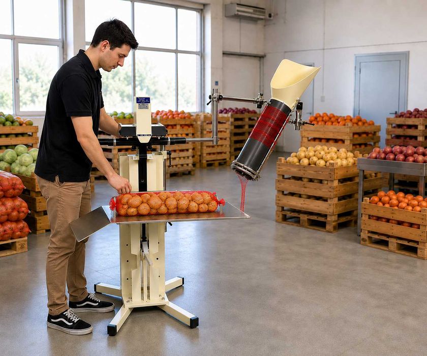 Mașină ambalat fructe și legume în plasă tubulară / clipsator plasa  - actionare cu pedala