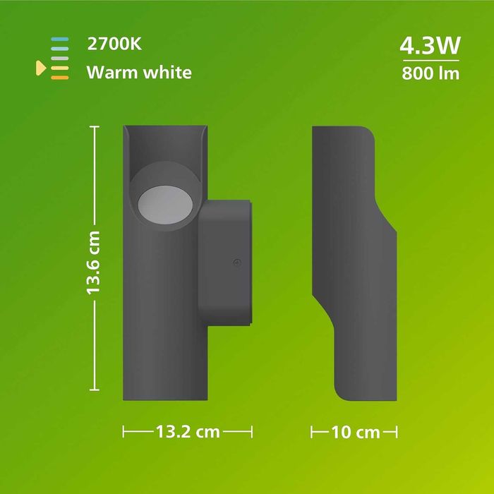 Външна LED стенна лампа Philips Fira, 800 lm, 2700 K, PowerShield,IP44