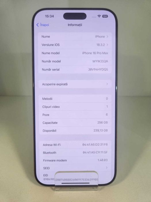 Iphone 16 Pro Max 256 GB (Ag8 Tudor1/B74324) – Garantie 2 Ani!