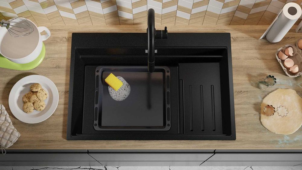 Черна кухненска мивка от гранит Осло 80 Max Multilevel 780 x 530 mm