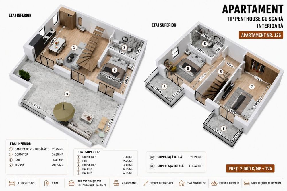 Penthouse cu terasa generoasa si finisaje premium