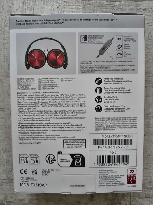 Caști Sony On-Ear MDR-ZX310APR red, microfon, jack fir 1,2m. Sigilate!