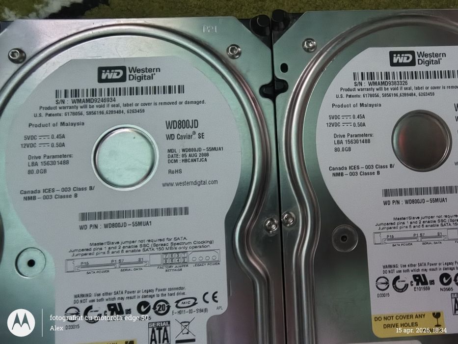 Hardisk . Set de 2 WD 80GB bucata. Amândouă combinate fac 160gb! Bune pentru stații retro,PC/server pentru a stoca poze,videouri
