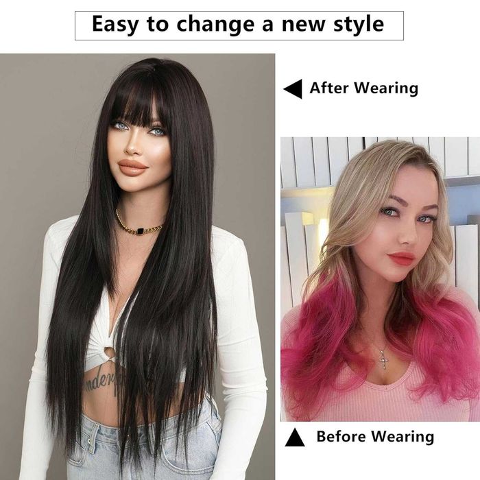 Дълга 80 см тъмно кафява права перука на пластове зигзаг път