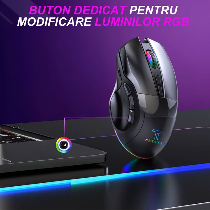 Mouse Gaming NETSTAT,2 Conexiuni BT + 2,4Ghz, RGB, Negru, Nou Sigilat.