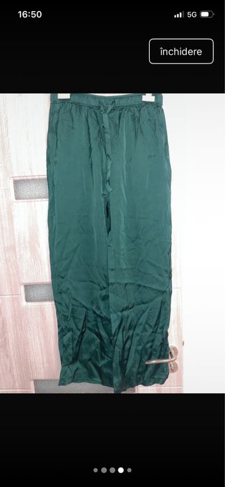 Pantaloni satin verde inchis Zara, drepti , cu elastic, f lejeri