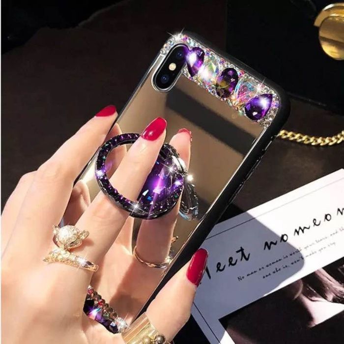 Husa oglinda, inel si pietricele iPhone 12,12 Mini, 12 Pro, 12 Pro Max