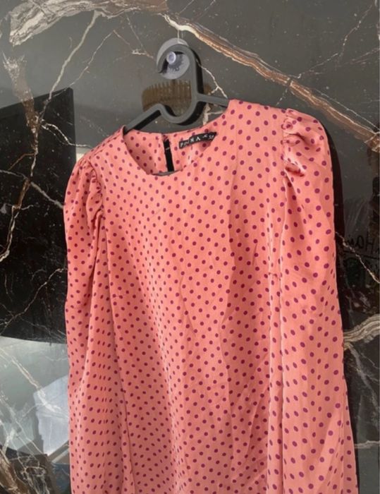 Bluză Poema elegantă roz prăfuit cu buline mov, mărime 38,