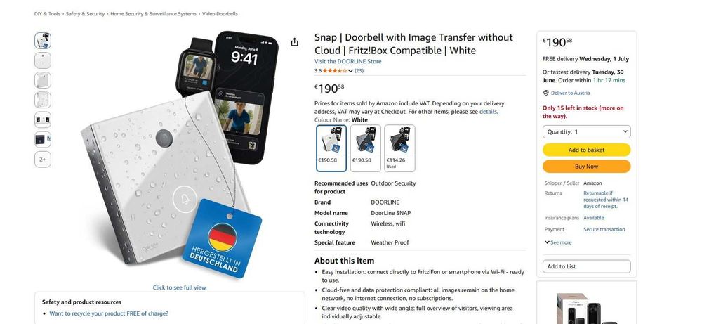 Snap | Sonerie cu transfer de imagini fără cloud | Compatibilă cu Fritz!Box | Albă