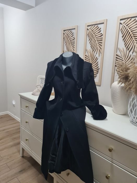 Palton lână  lung negru cu blanita