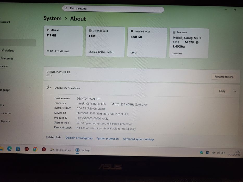 Laptop 15.6" ASUS K52JC Intel Core i3-370M 2.4GHz 8GB DDR3 120GB SSD