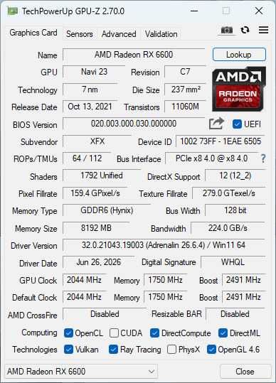 Видеокарта RX 6600 8GB XFX