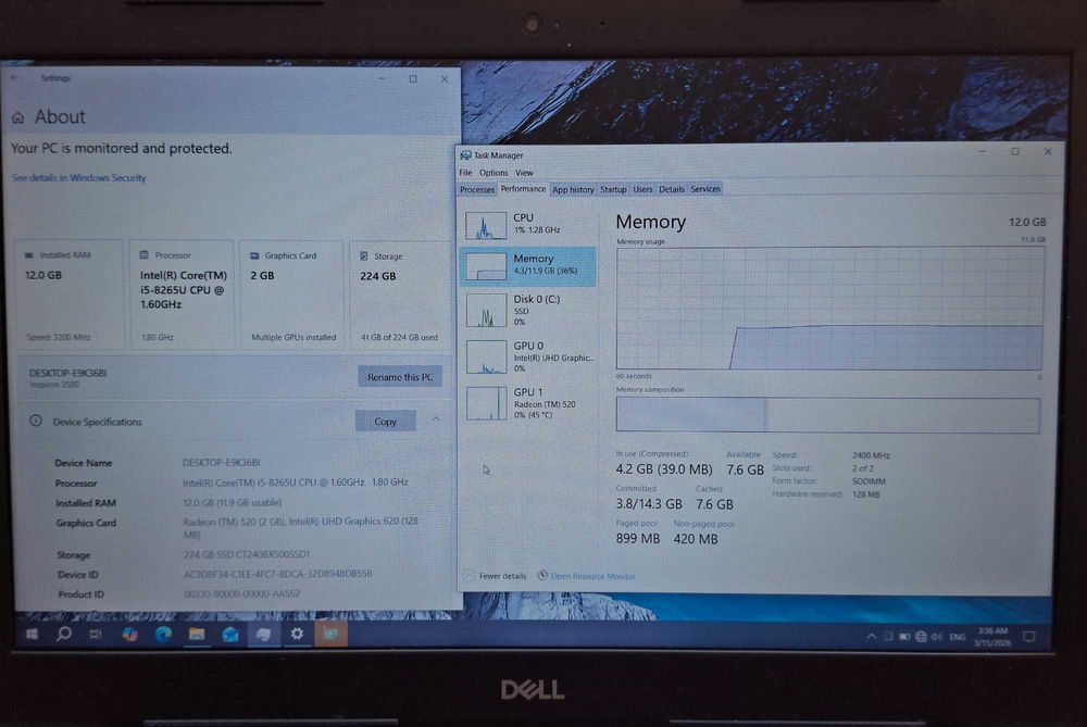 15.6' Dell Intel Core i5-8265u/12GB/AMD Radeon 520 2GB GDDR5/256GB SSD