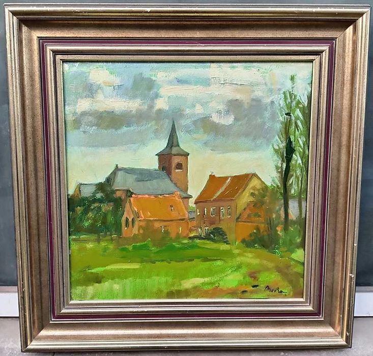 Tablou vechi - peisaj rural cu biserica - semnat Baba