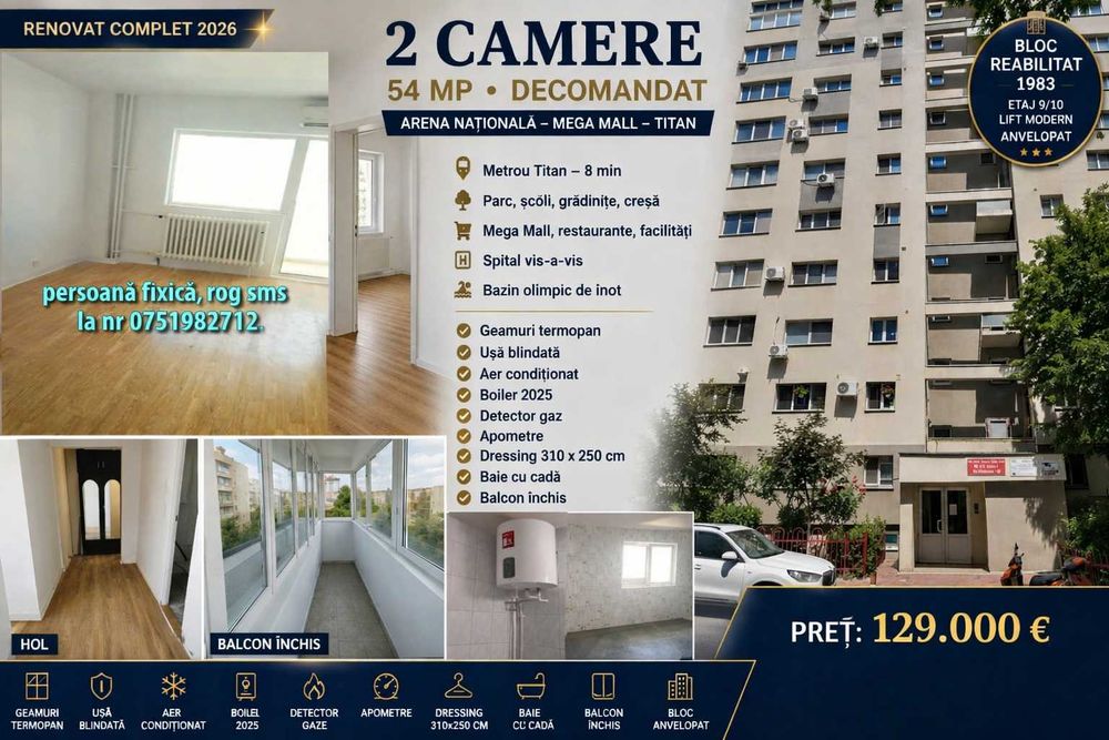 Apartament 2 camere • 54 mp • Decomandat • Arena Națională – Mega Mall – Metrou Titan • Renovare 2026
