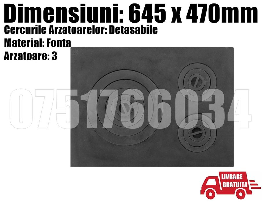 Plita Soba Fonta 3 Arzatoare Detasabile 645x470mm Livrare GRATUITA