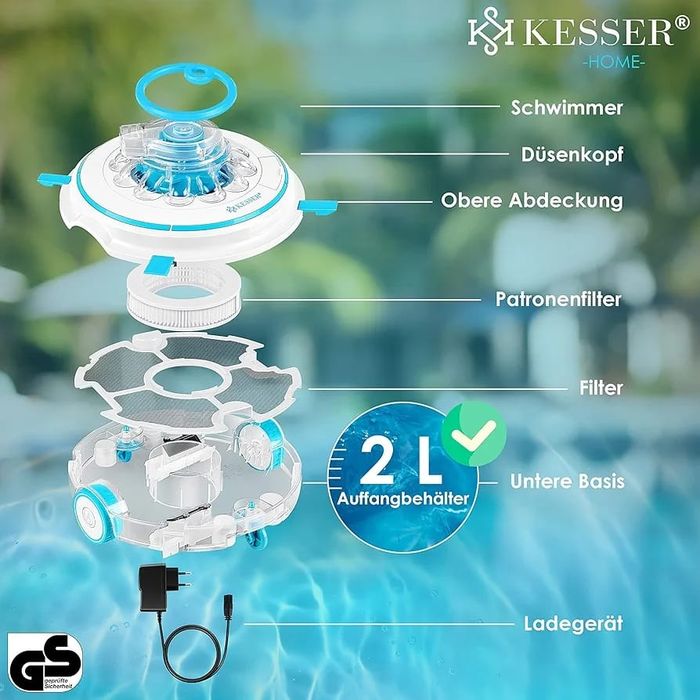 Robot curățare piscina, 4 baterii Li-lon, 5200 mAh, frânghie 3 M, 27wati, 80L/minut