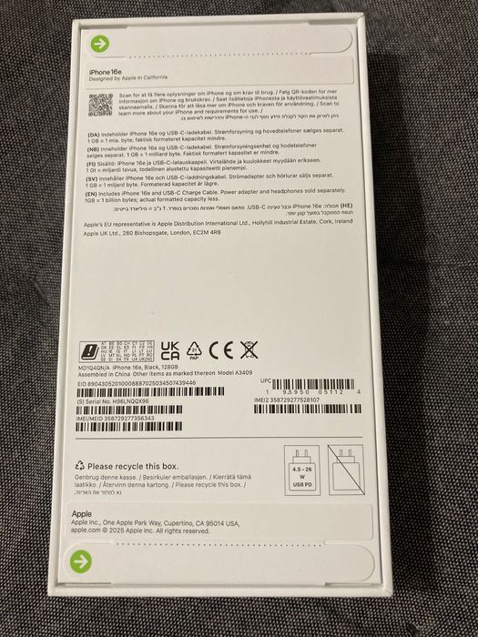 iPhone 16e Black,128GB, черен, чисто нов от Англия