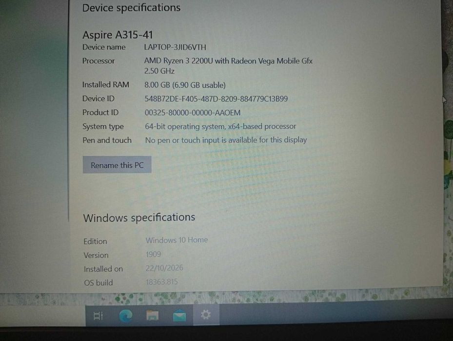 ТОП ТОП ТОП СЪСТОЯНИЕ лаптоп,ноутбук,cer Aspire 3 A315-41/15,6''/AMD Ryzen 3/2.50GHz/8 RAM/240 SSD/FULL HD екран