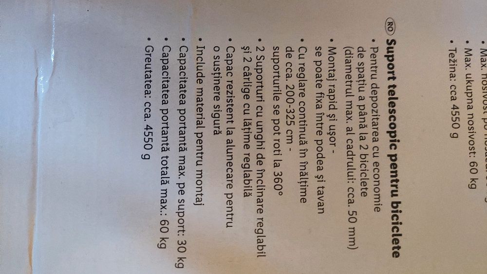 Suport telescopic pentru depozitare biciclete