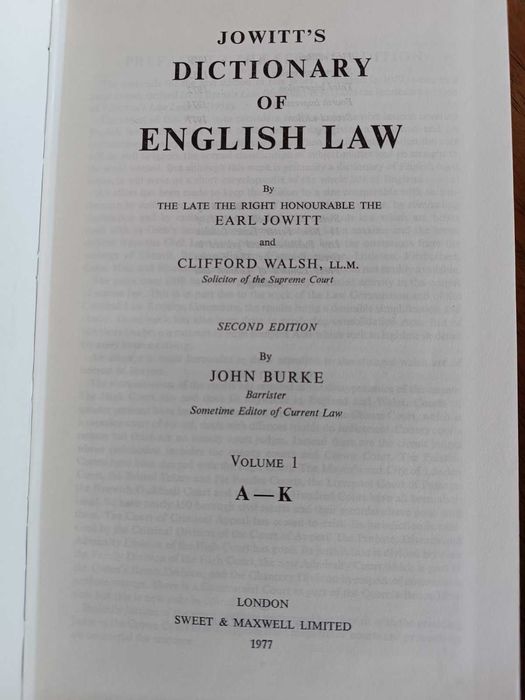 Jowitt`s dictionary of ENGLISH LAW