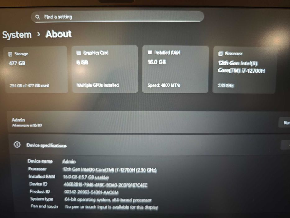 Alienware m15 R7 -165hz / i7 12700h / RTX 3060 140w / 16 Ram / 512 SSD