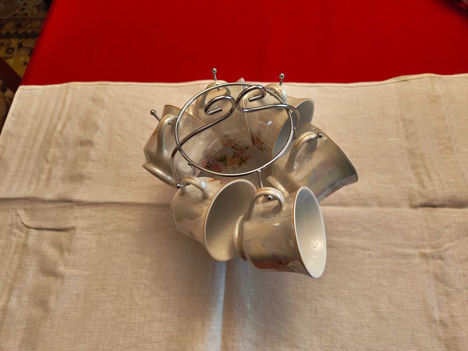 Set 6 cești cafea porțelan, model floral, pe suport metalic