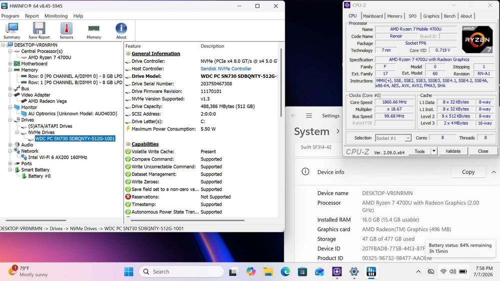 Acer Swift SF314-42  Ryzen 7 16GB DDR4 512GB SSD Windows 11