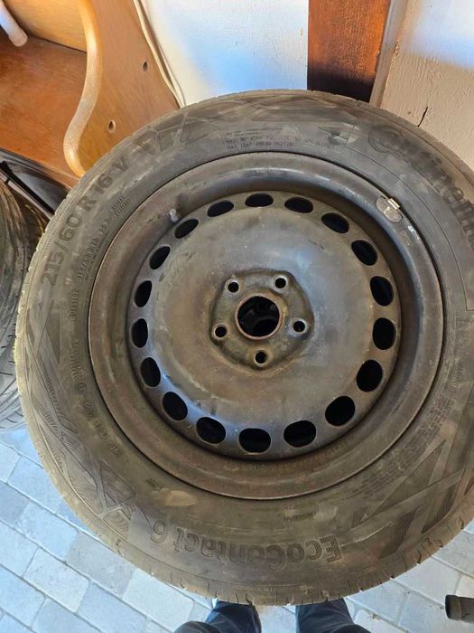 Set 4 Roți Complete 215/60 R16 cu Jante Tablă VW 5x112, anvelope Continental EcoContact 6 DOT 2022, Stare Ca Noi