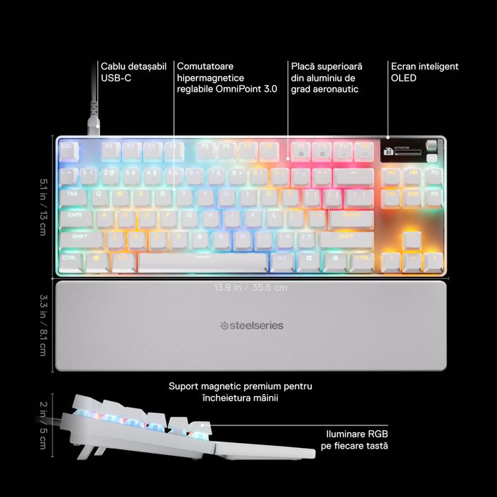 Tastatura gaming SteelSeries Apex Pro TKL, alba, OmniPoint 3.0, Rapid Trigger