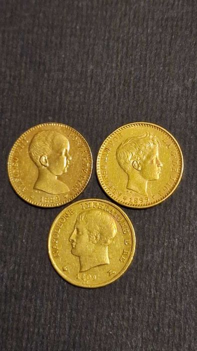 Златна монета 20 Италиански Лири Наполеон I 1809 , 20 Испански Песети АлфонсоXIII 1889 и 1899