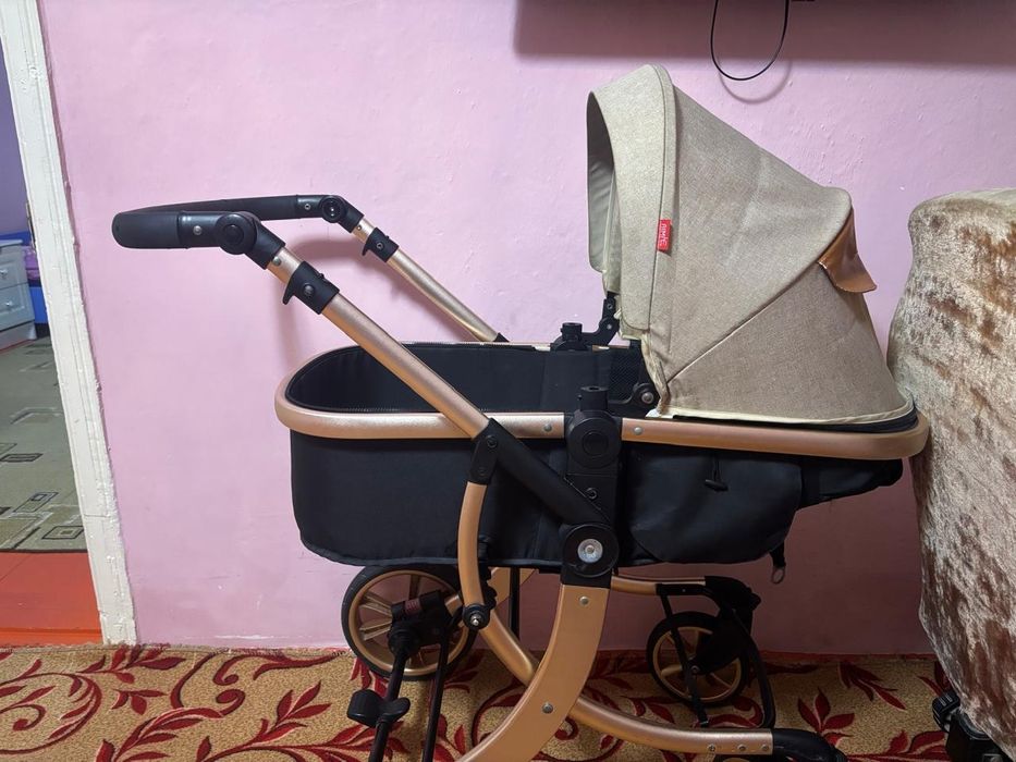 Стильная коляска 2в1 / Трансформер (Розовое золото + Бежевый)