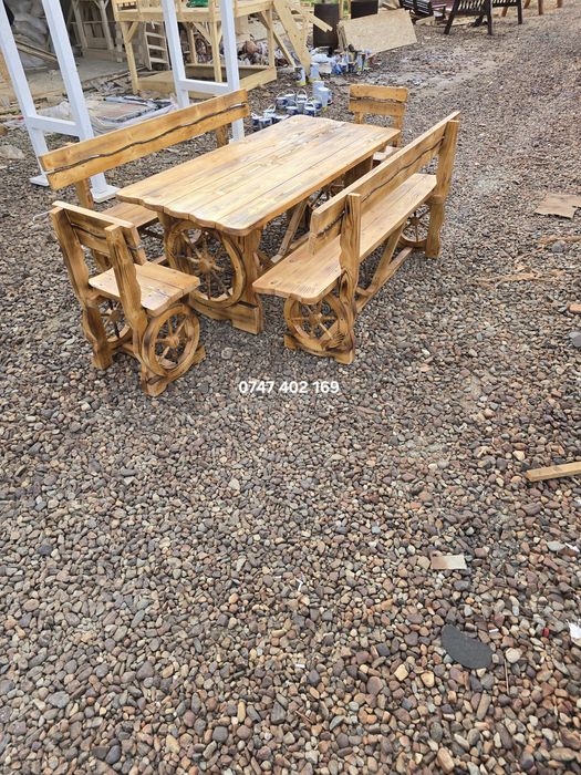 Set masă cu scaune rustice  din lemn mobilier  terasa bar balansoar
