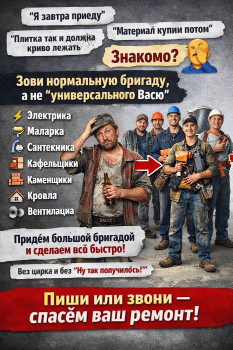 Ремонт под ключ. Бригада с большим опытом работ.