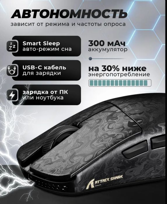 ATTACK SHARK simsiz O'yin sichqonchasi, qora