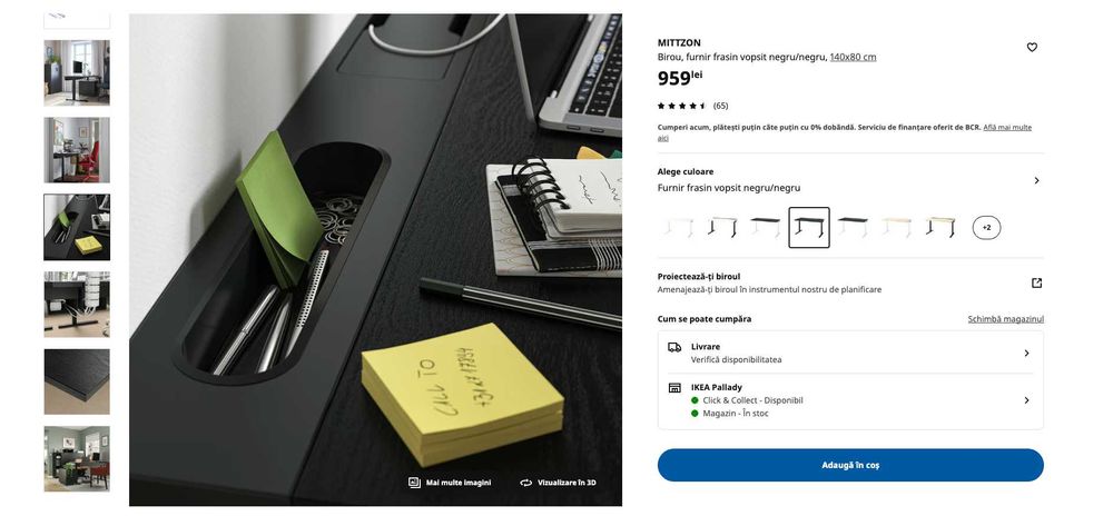 MITTZON Birou Ikea, furnir frasin vopsit negru, 140x80 cm