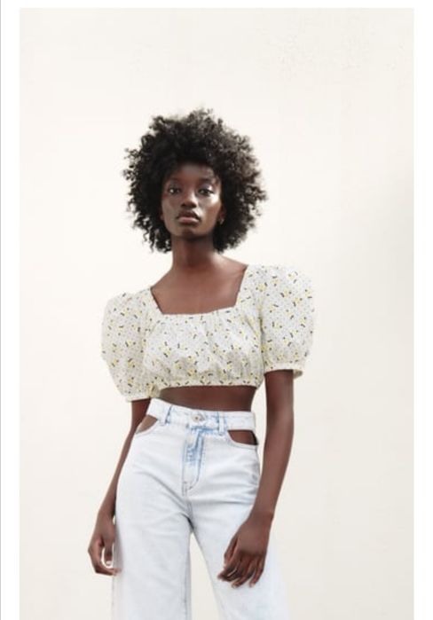 Zara къс топ с буфон ръкав